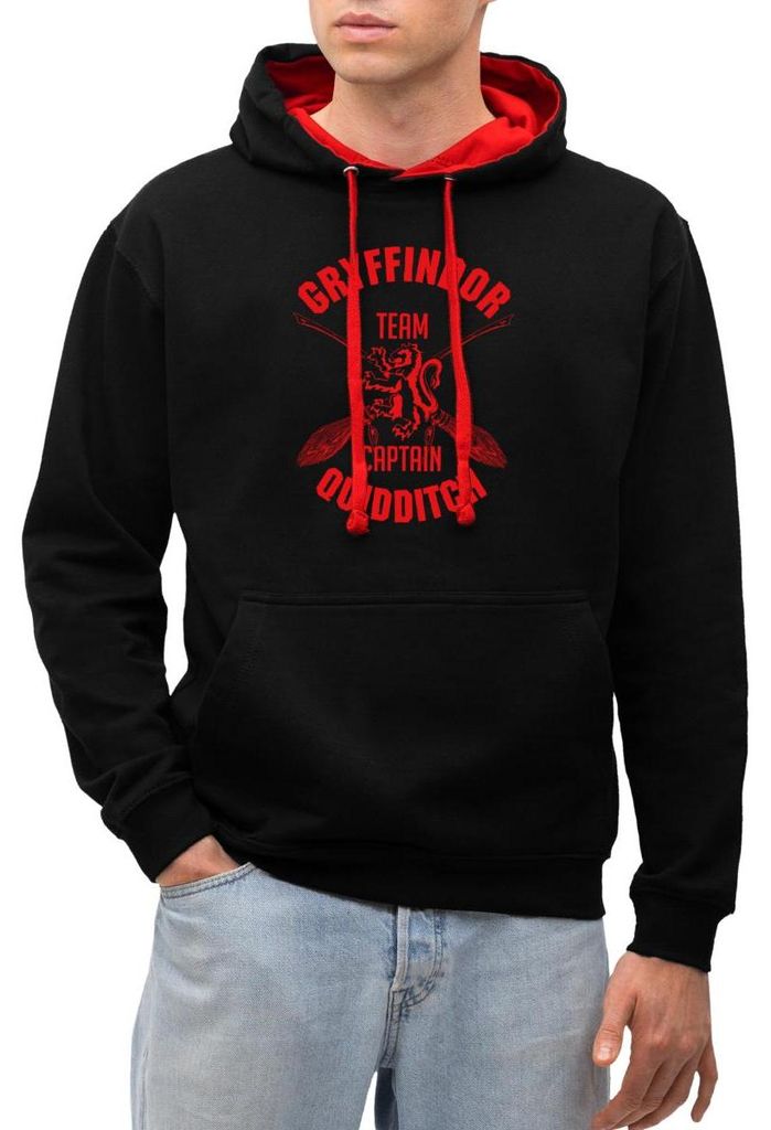 Spreadshirt Harry Potter Gryffindor Quidditch Team Captain Uni Kontrast Hoodie, M, Schwarz/Rot