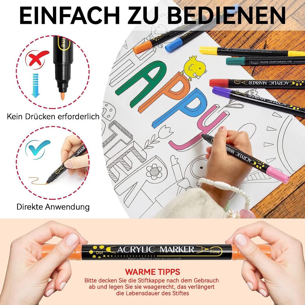 Acrylstifte Set 12-teilig – Dual Tip Mit Pinsel & Rundspitze, Wasserfest Für Steine, Holz, Glas