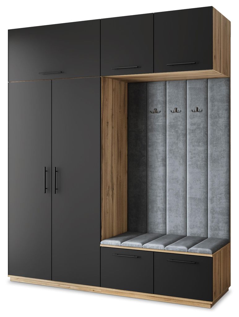 Masseno Garderobe-Set REMA 200/240/60 cm Modern Garderobenschrank Eiche Wotan, Veloursstoff MONOLITH 85 (Grau)