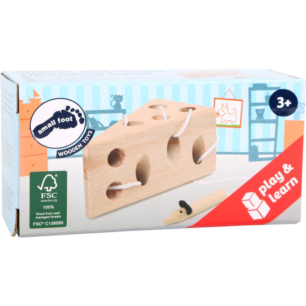 FSC 100%-Zertifiziert S Small Foot 11053 Fädelspiel Käse und Maus aus Holz 