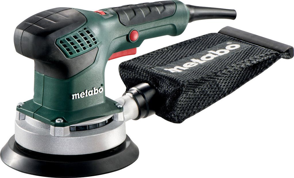 A studio shot of a Metabo orbital sander with a dust bag attached.