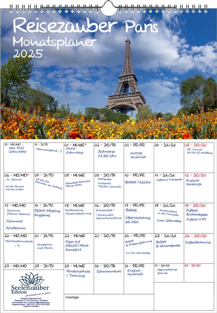 Reisezauber Paris Planer DIN A3 Kalender für 2025 Urlaub Paris Frankreich - Seelenzauber