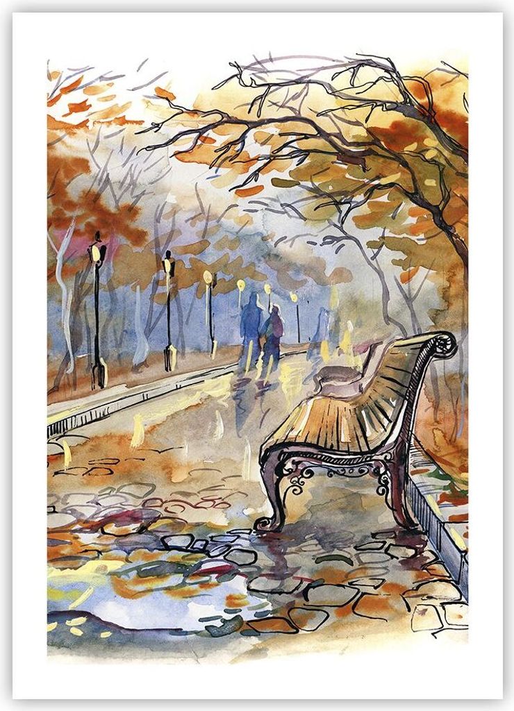 Poster - Poster ohne Rahmen - Path Bench Herbst Frau - 50x70 cm - Wand Bild - Wanddeko - Wandbilder - Kunstposter - Wandposter - Bilder - Kunstdruc...