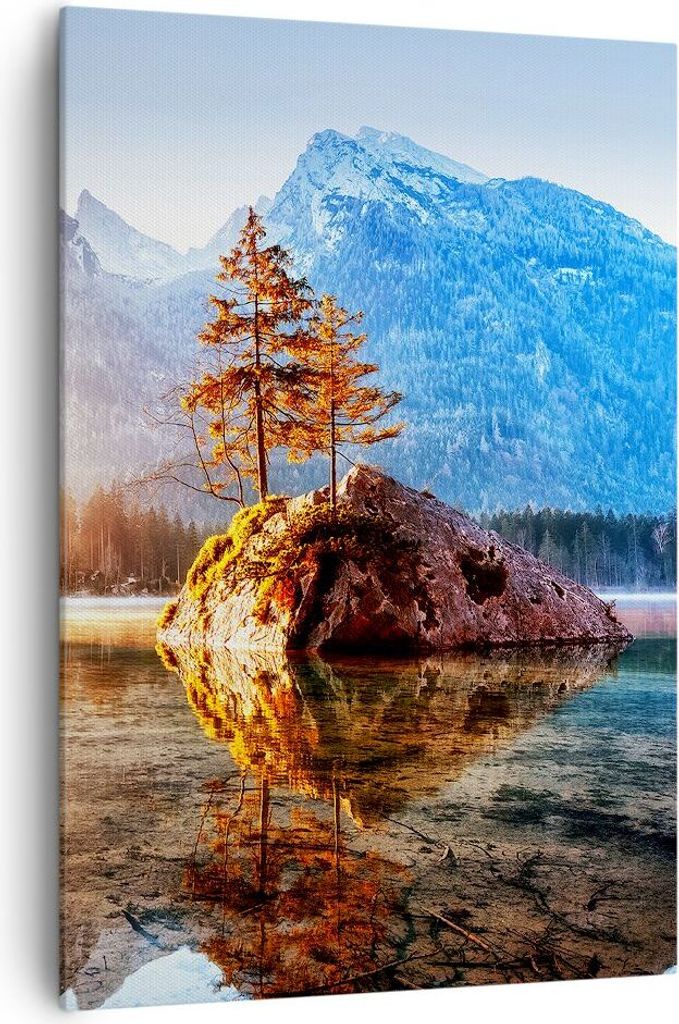 Bild auf Leinwand - Leinwandbild - Einteilig - Morgendämmerung Berge See - 70x100cm - Wand Bild - Wanddeko - Wandbilder - Leinwanddruck - Wanddeko...