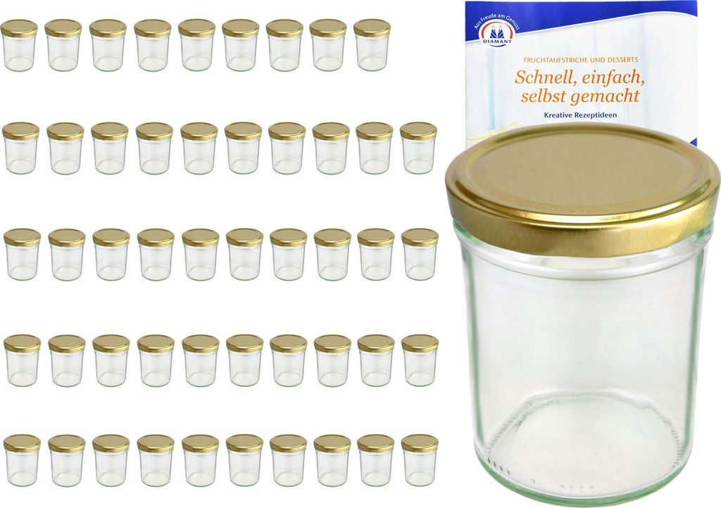 A collection of small glass jars with gold lids, along with a single larger jar and a recipe booklet.