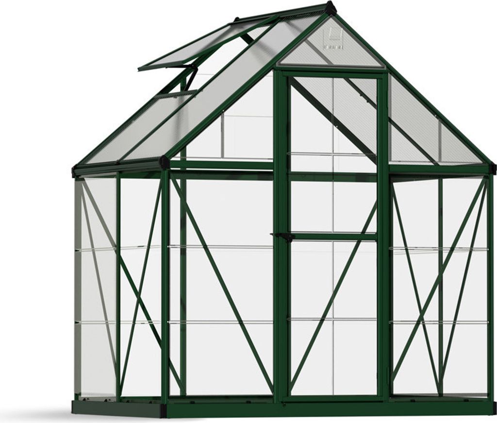 A green and clear greenhouse shown from a front-side angle against a white background.