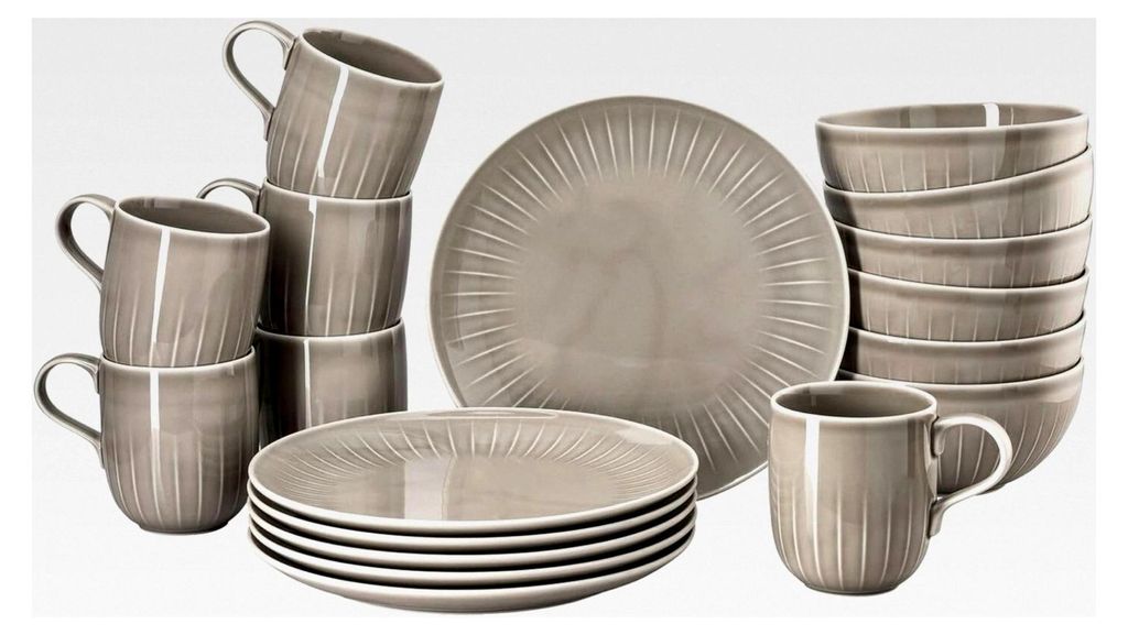 Joyn Grey, grau, 18-teiliges Porzellanset, Teller, Becher mit Henkel, 0,42 L, leichter und natürlicher Look, moderne und urbane Note, spülmaschin...