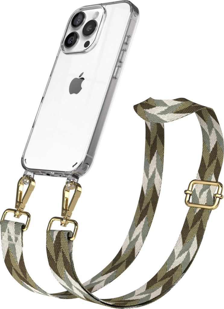 EAZY CASE Handykette - Verstellbarer Trageriemen kompatibel mit Apple iPhone 16 Pro, Handykordel mit transparenter Silikon-Hülle, Karabiner Gold, ...