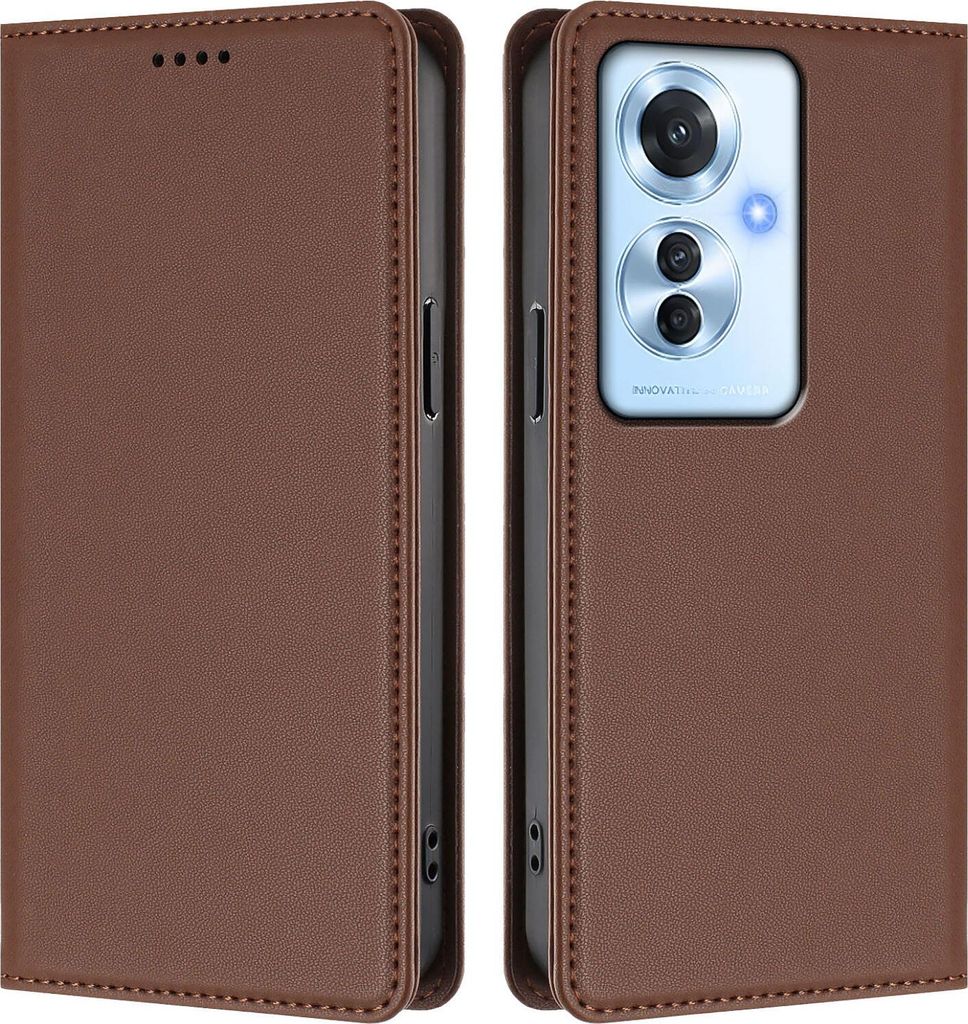 Handyhülle für Oppo Reno11 F 5G, Kunstleder Klapphülle Stoßfeste Magnetische Hülle mit Ständer Braun