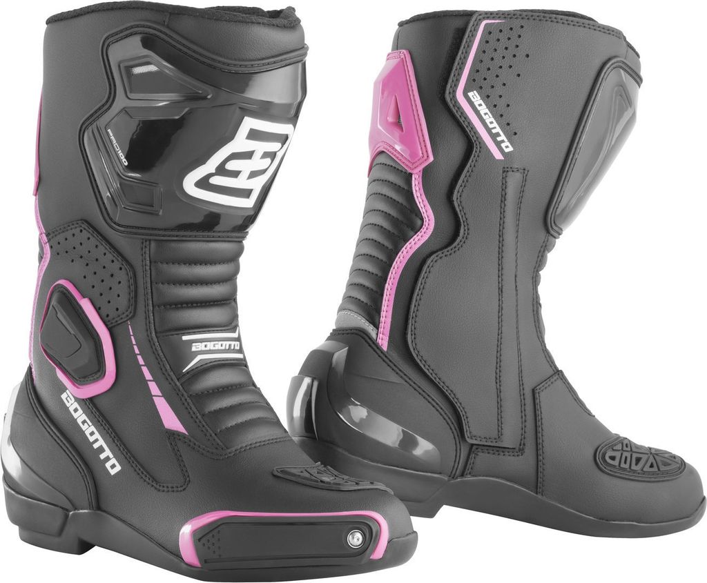 Bogotto Carta Race perforierte Damen Motorrad Stiefel, schwarz/weiß/pink, 39