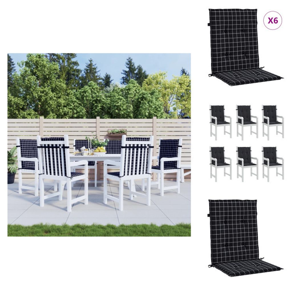 vidaXL Niedriglehner-Auflagen 6 Stk. Schwarz Karomuster Stoff - Sitzpolster