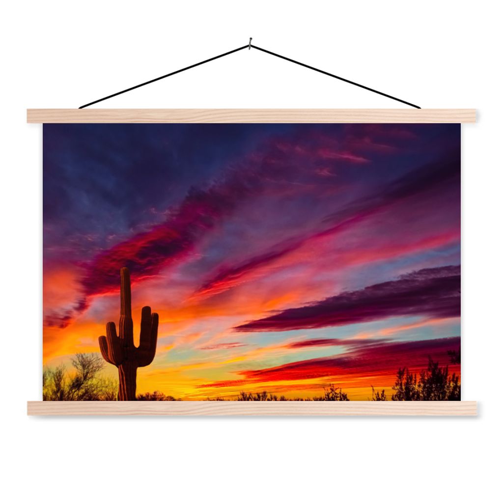 MuchoWow Textilposter Kaktus - Himmel - Sonnenuntergang - Lila - Rosa 120x80 cm mit holzfarbenen Rahmen - Aufhängeset