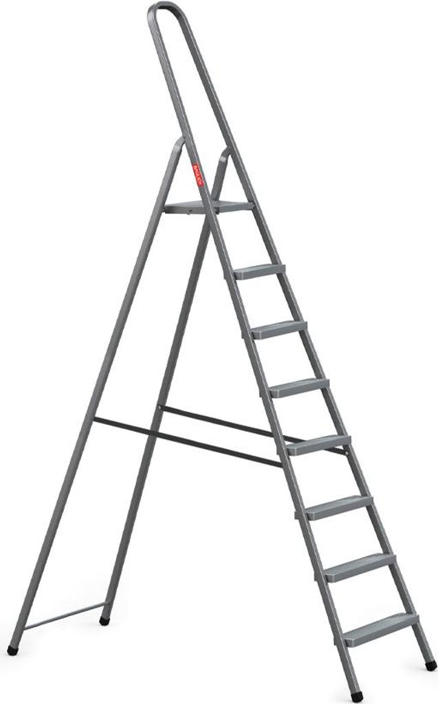 A gray stepladder with 8 steps against a white background.