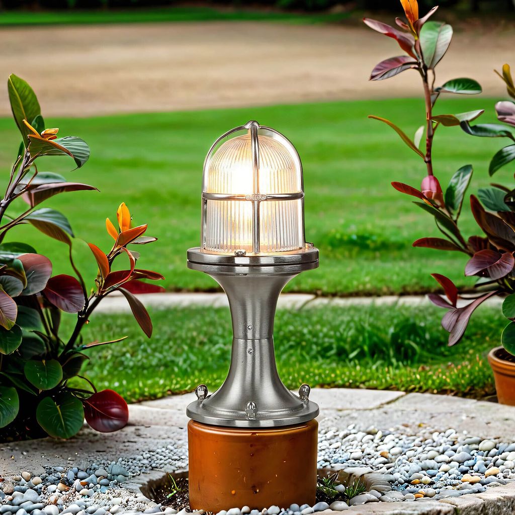Stehleuchte außen IP54 Nickel E27 25 cm Glas Echt-Messing Maritim Wegeleuchte Hof Terrasse