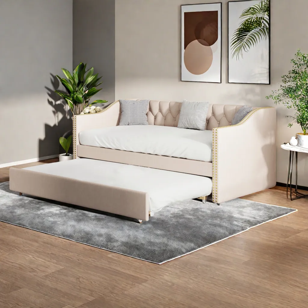 Lit rembourré extensible 90x200 cm beige pour optimiser petits espaces - 11