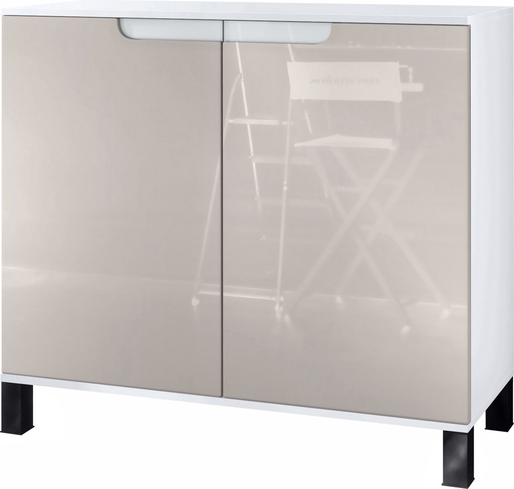 Vladon Kommode Sylt V3, Moderner Küchenschrank mit 2 großen Türen Weiß matt / Sandgrau Hochglanz (92,5 x 84.5 x 35)