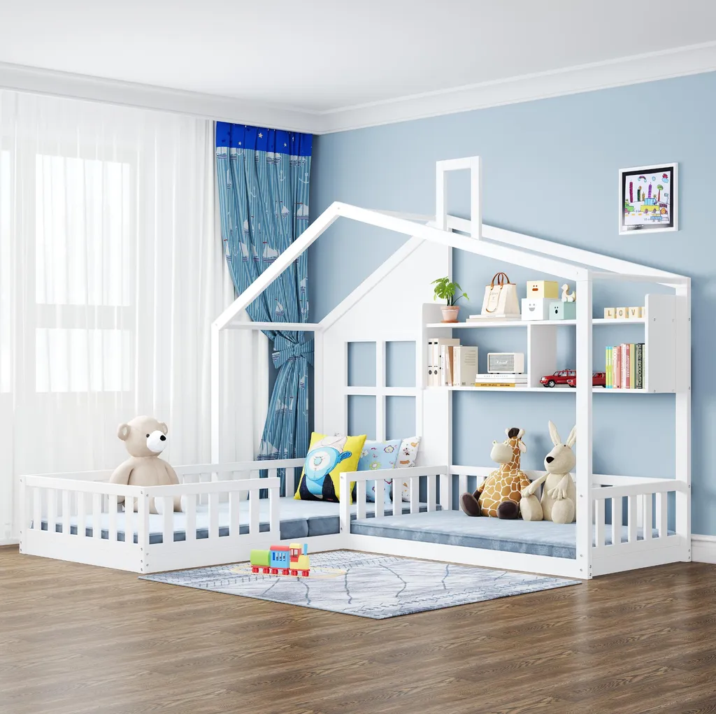 Merax Lit Enfant Cabane 90x200 et 140x70 cm Blanc avec Sommier et Étagère