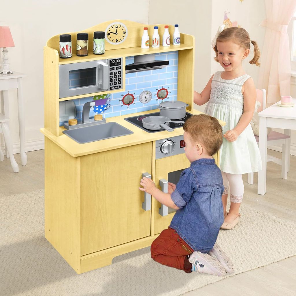 YRHome Holzküche Für Kinder Ab 3 Jahren – Mit Zubehör Wie Mikrowelle, Herd & Waschbecken, 56x28,5x92 Cm
