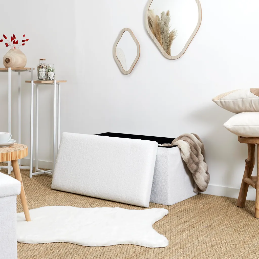 Coffre Banc Pliable Gain de Place en Bouclette Blanche pour Petit Salon
