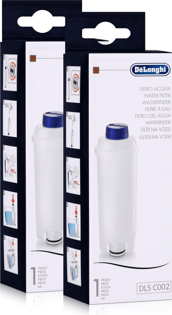 Two boxes of DeLonghi water filters shown side-by-side.