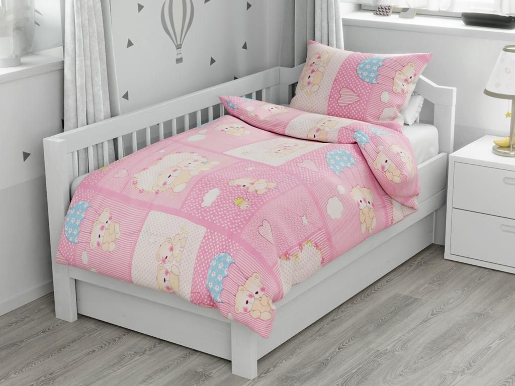 Baumwoll-Babybettwäsche mit zwei Teddybärten, rosa