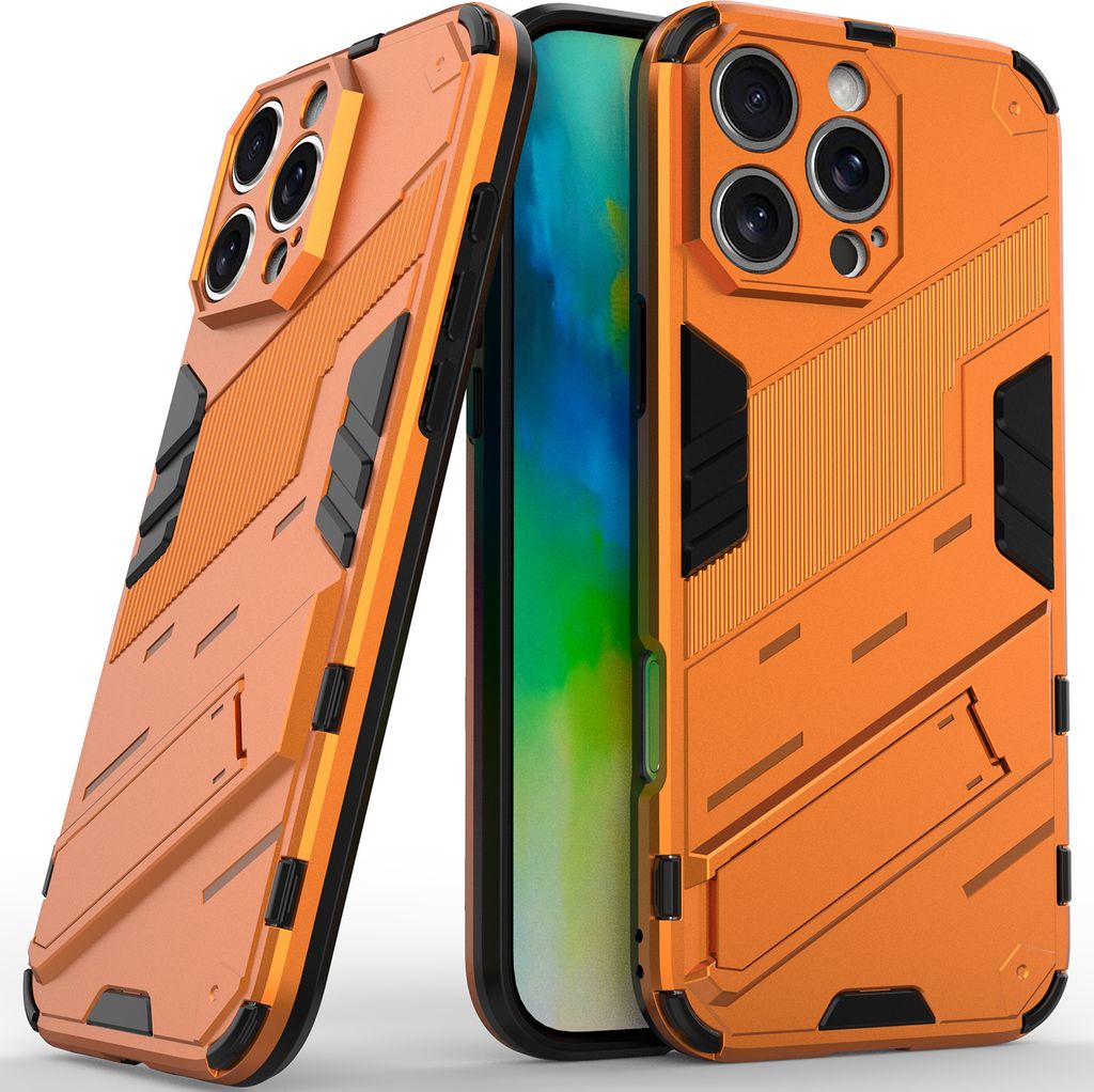 Armor Hülle für iPhone 16 Pro Max Hybrid PC TPU Bumper Stoßfestes Schutzhülle mit Standfunktion Orange
