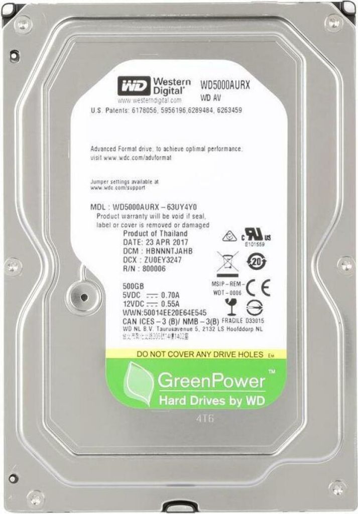 WD AV WD5000AURX - Festplatte - 500 GB - intern - 3.5" (8.9 cm) - SATA 6Gb/s - 5400 rpm - Puffer: 64 MB