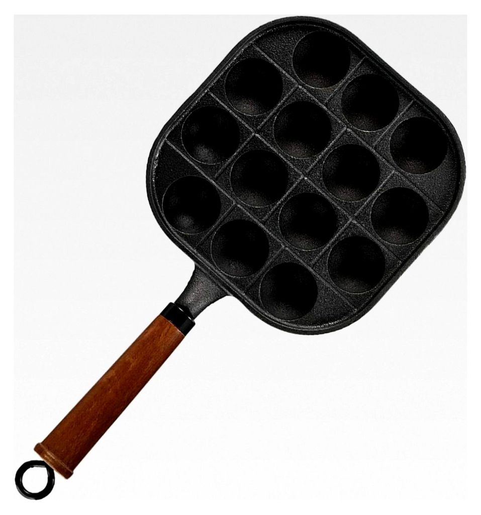 Takoyaki-Pfanne aus Gusseisen mit Holzgriff für 14 Formen