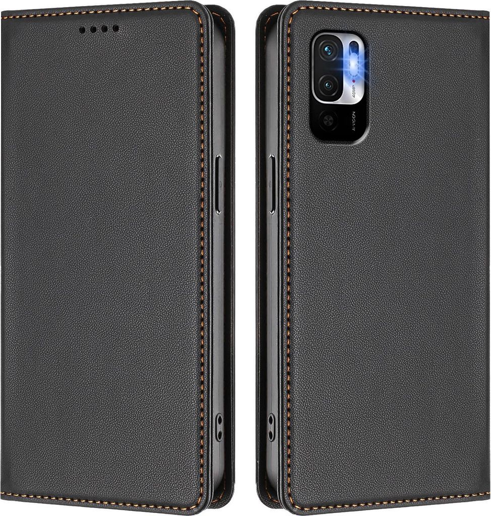 Handyhülle für Xiaomi Poco M3 Pro/ Redmi Note 10 5G, Kunstleder Klapphülle Stoßfeste Magnetische Hülle mit Ständer Schwarz