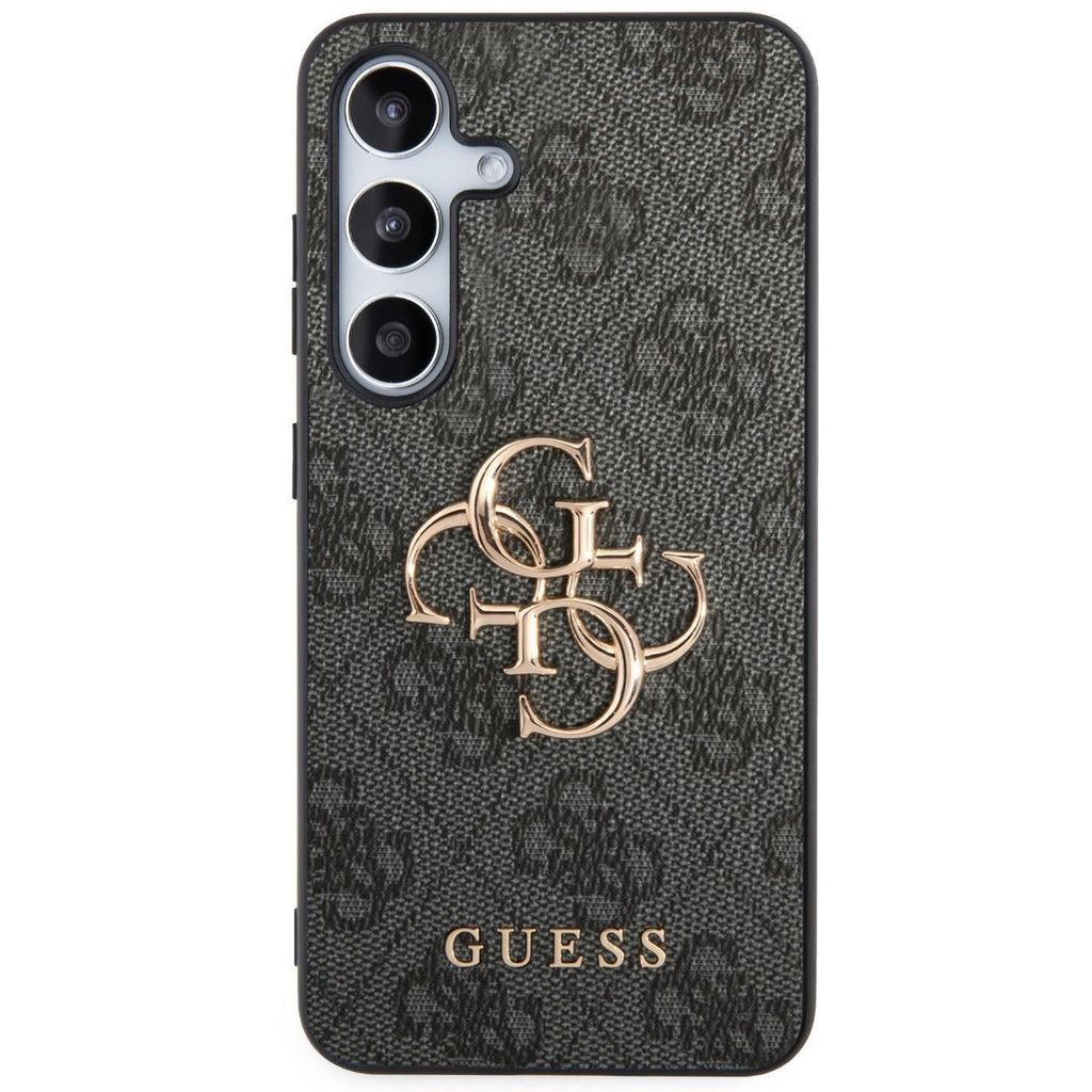 A close-up shot of a smartphone case with a repeating Guess logo pattern and a prominent Guess logo in the center.