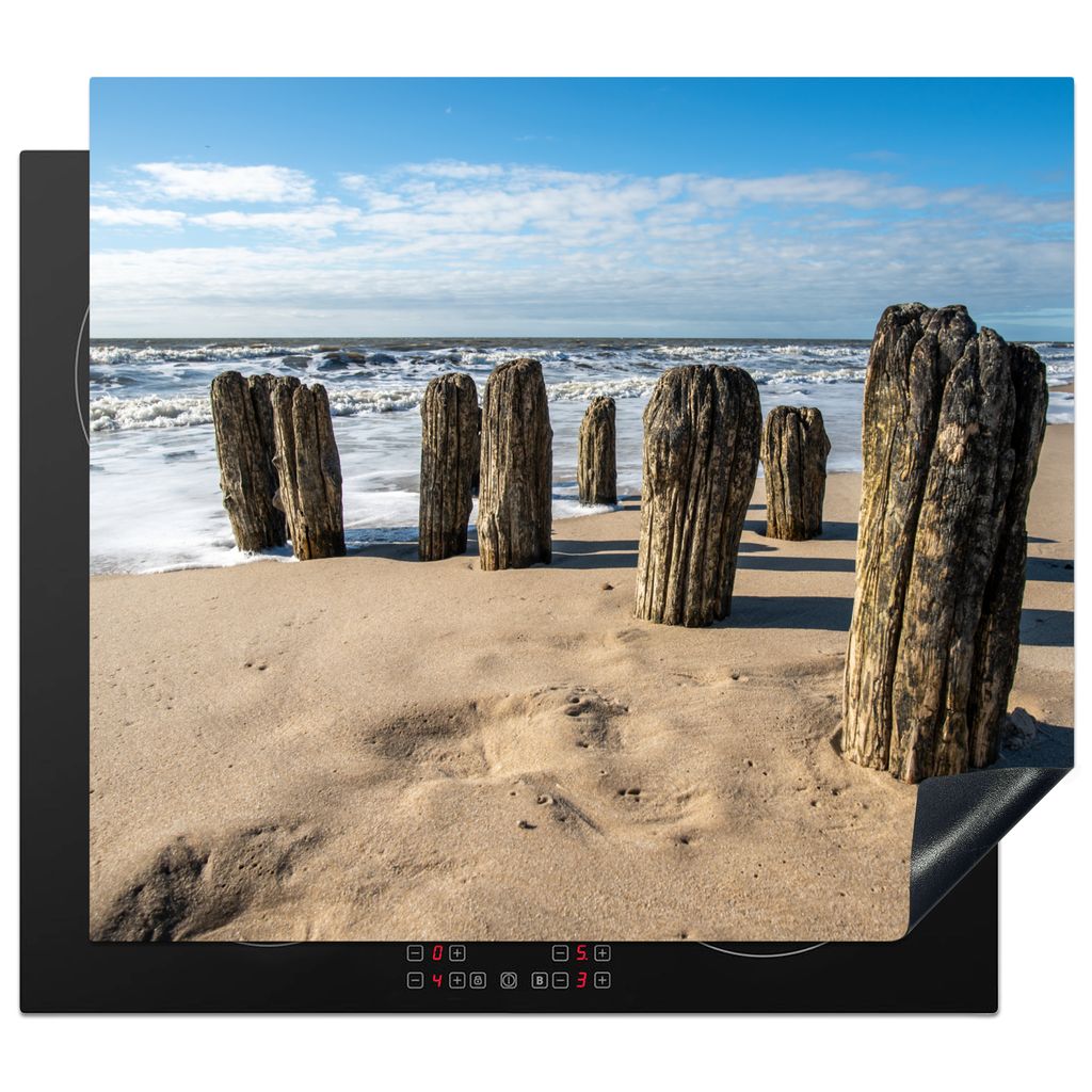 KitchenYeah Herdabdeckplatte Sand - Strand - Pfahl - Wasser - Sommer , 57x51cm, Küche Deko, Glaskeramikkochfeld Herdabdeckung, Abdeckplatte fùr...