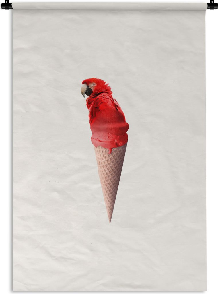 MuchoWow Wandteppich Wandbehang Eiscreme - Papagei - Rot - Eistüten - Weiß 120x180 cm Tapisserie Dekoration Wandtuch - Schlafzimmer - Dekoratio...
