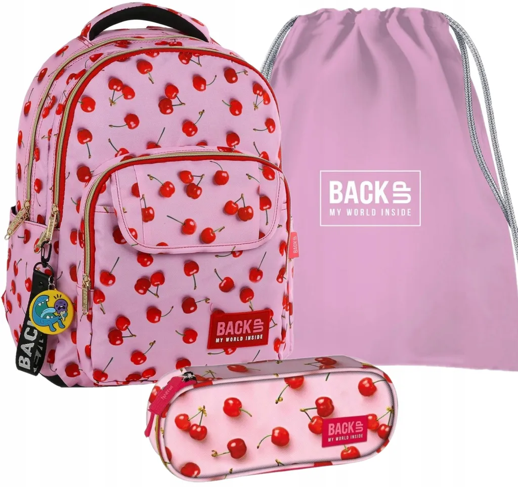 Pack scolaire Cerises pour fille avec sac de gym et pochette à crayons