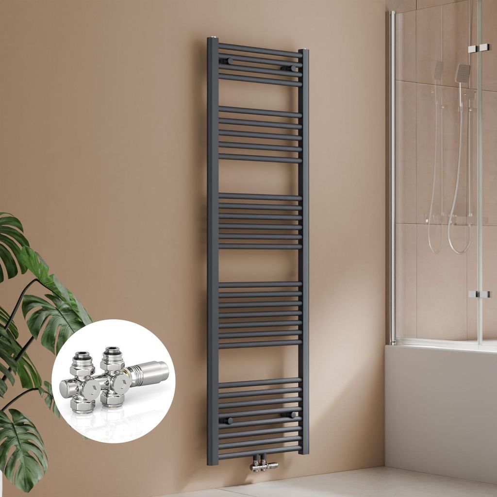 A bathroom setting with a towel radiator and a shower enclosure.