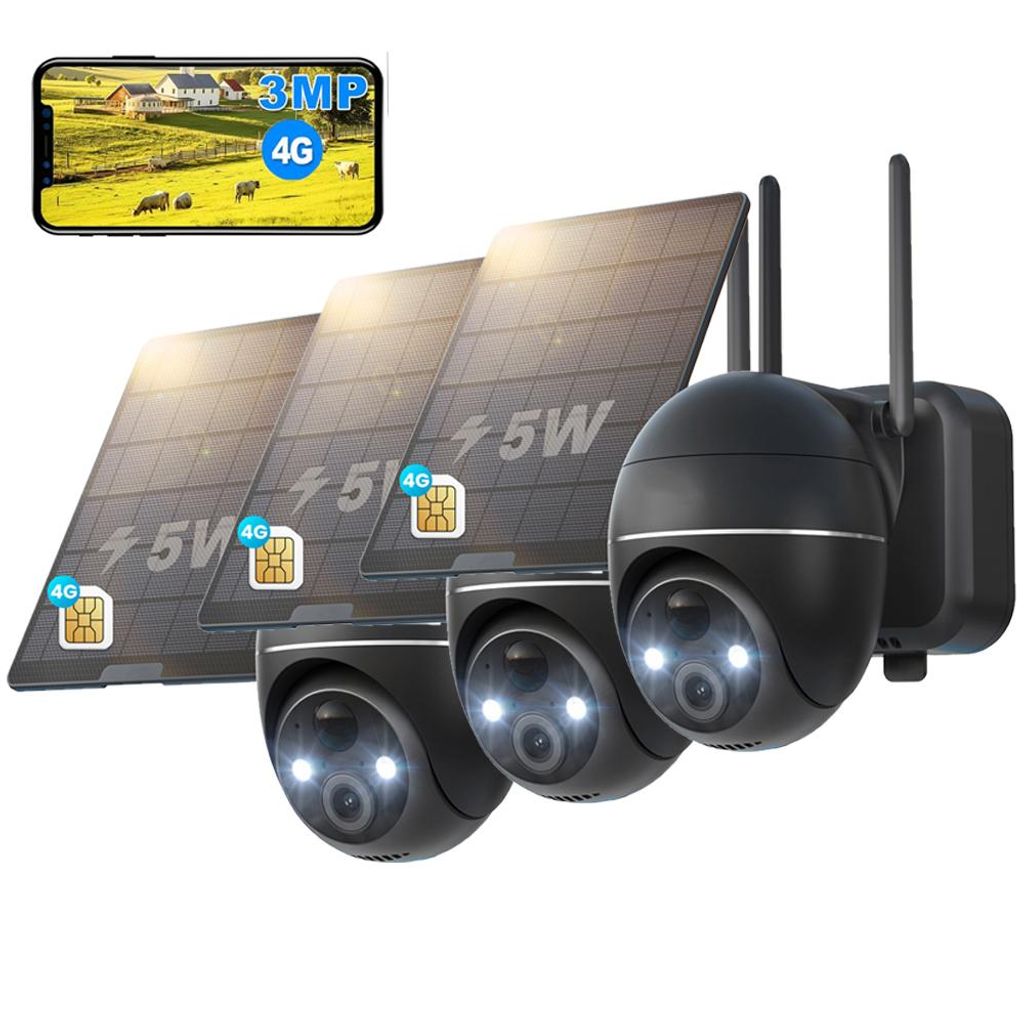 3 Stück 4G LTE Überwachungskamera Aussen Solar mit SIM Karte ohne WLAN Kamera Überwachung Aussen Akku Outdoor Kamera 355°/120° Schwenkbar