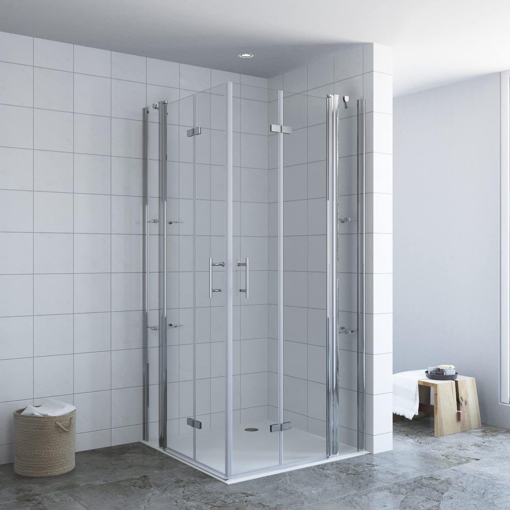 Eckdusche Duschkabine Eckeinstieg 90 x 110 x 197 cm Doppeltür Falttüren mit Festteilen Eckduschwand mit Eckablage Dusche Drehfalttür rahmenlose ...