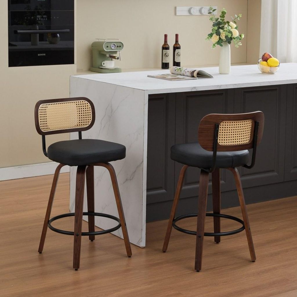 2er Set Barhocker 66cm Rattan Drehhocker mit Lehne PolyurethanSitz Beige für Küche Insel