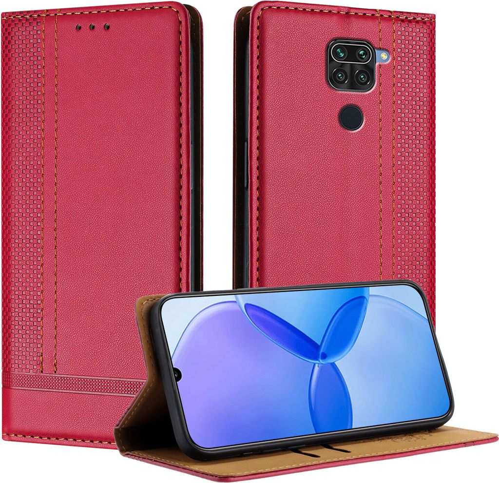 Handyhülle für Xiaomi Redmi Note 9 Leder Flip Klappbare Schutzhülle mit Standfunktion Rot