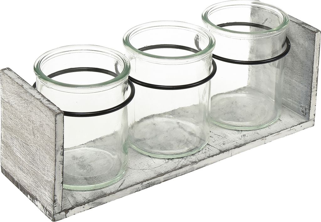Rustikale Glasbehälter-Set Holz Grau-Weiß Deko 27,5x9x11 cm