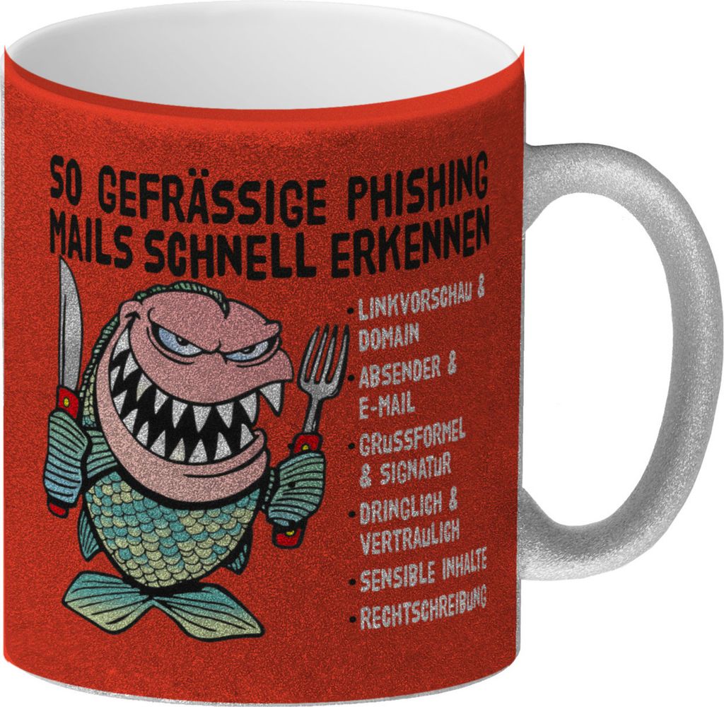 Glitzer-Kaffeebecher zum Thema Phishing Mails erkennen mit Produktbild 