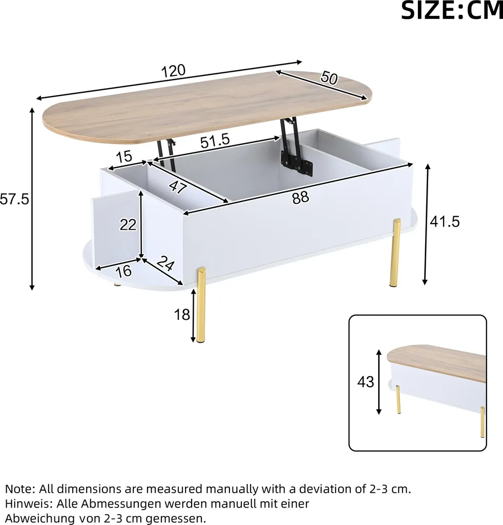 Table de Salon Relevable Multifonction avec 7 Niches de Rangement Blanc - 5