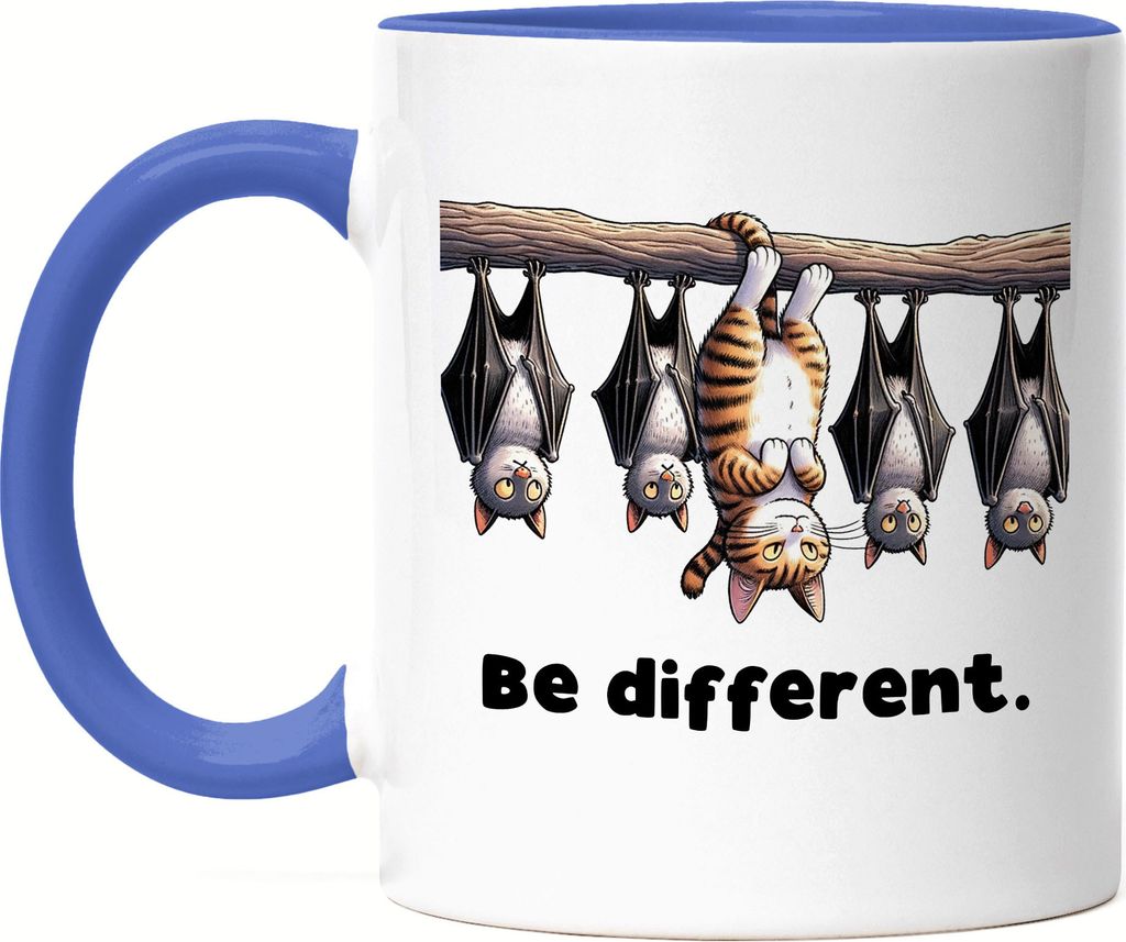 Be different Katze Kopfüber Tasse Blau - Lustiges Design