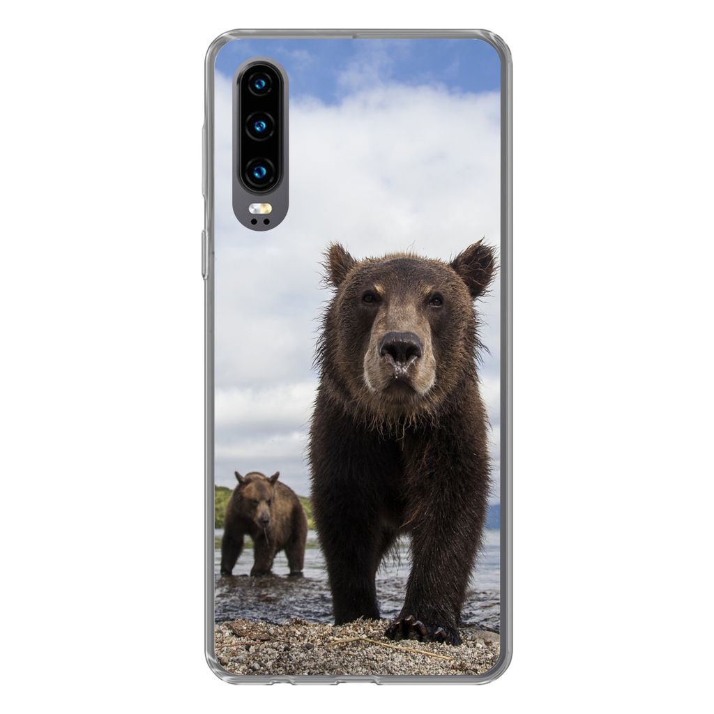 MuchoWow Handyhülle Schutzhülle Hülle für Huawei P30 Bär - Küste - Wasser Silikon Softcase Handy Hülle - Kartenbesitzer