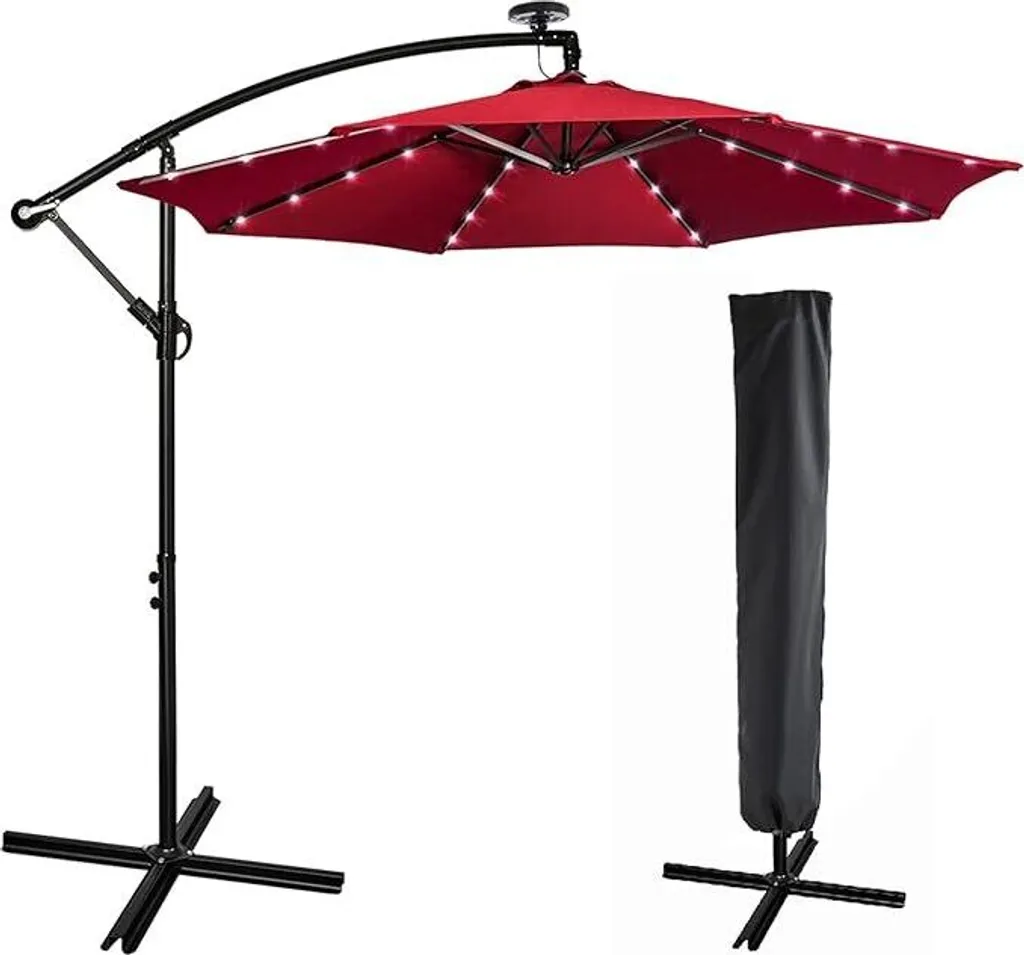 Grand Parasol Solaire LED 300 cm Rouge avec Manivelle et Mât Déporté