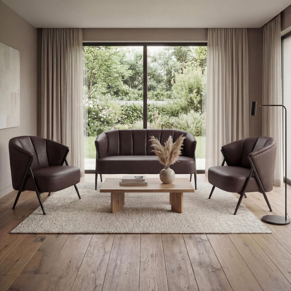 Wohnzimmer-Set HWC-P30, 2er-Sofa 2x Sessel, Vintage Retro Industrial Metall Kunstleder dunkelbraun