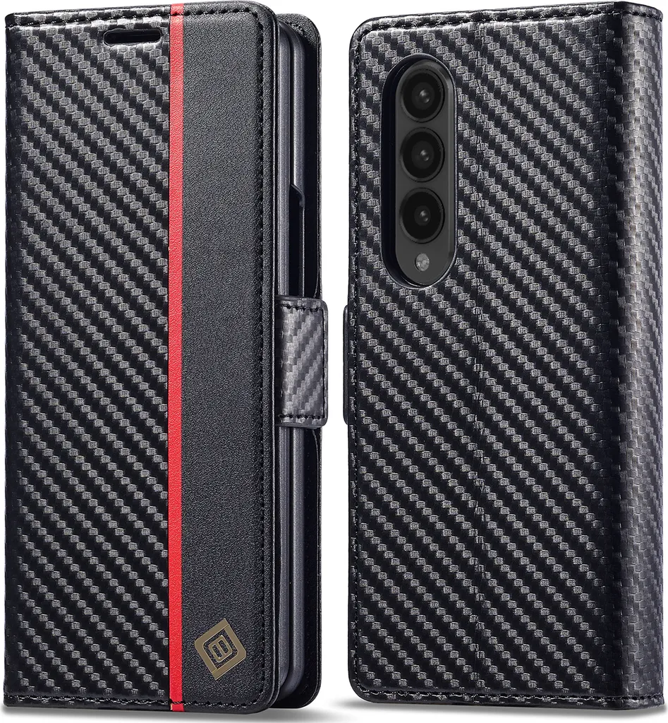 Custodia per Samsung Galaxy Z Fold 4 5G in pelle di carbonio con portacarte, magnete e supporto nero verticale rosso