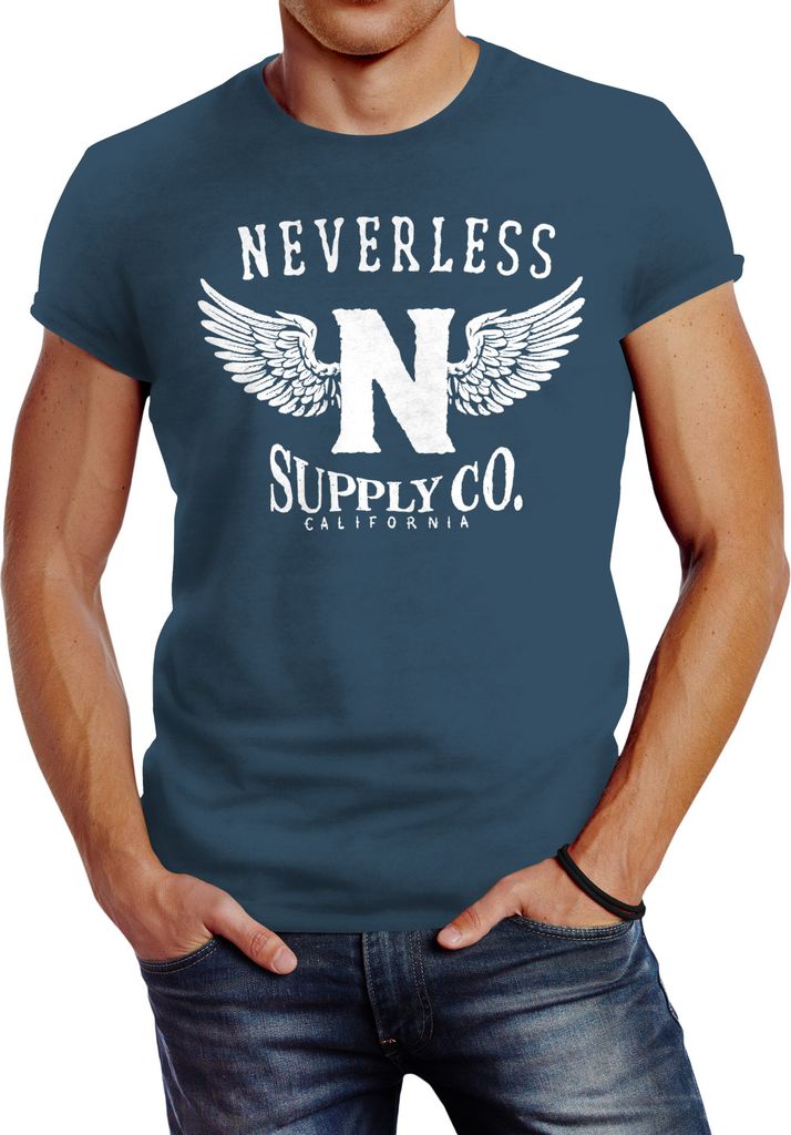 Herren T-Shirt Neverless Supply Adler Wings Slim Fit Neverless denim blue XL