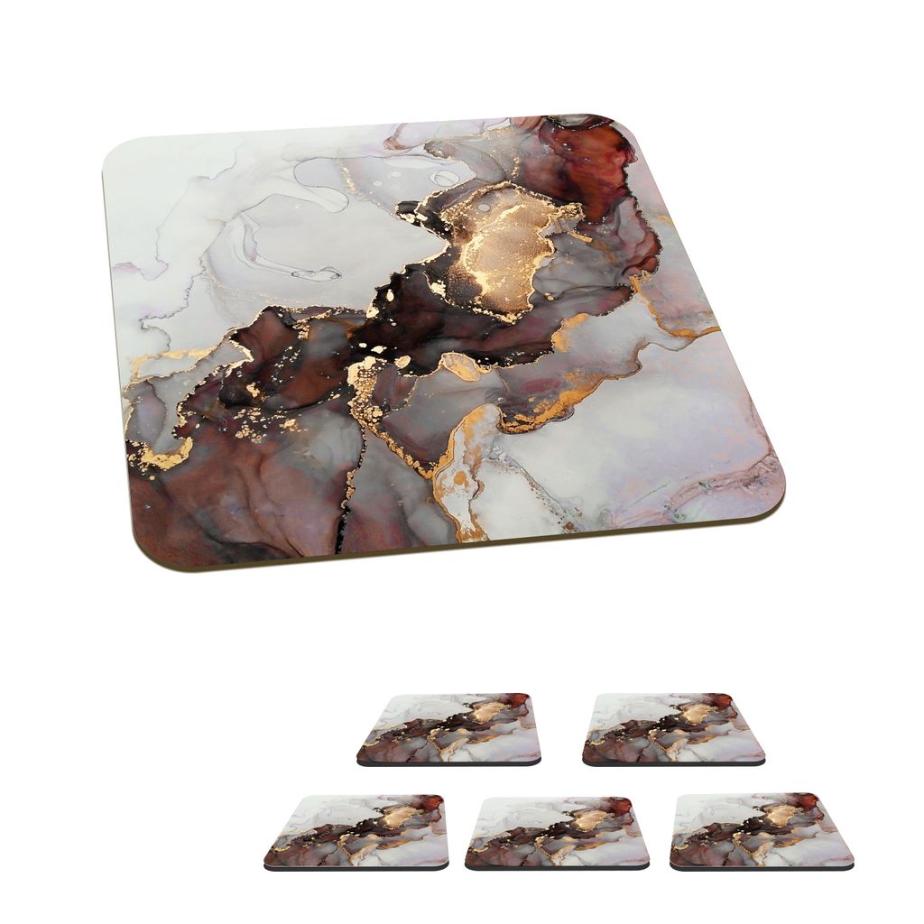 KitchenYeah Glasuntersetzer Quadratisch 6er Set Rot - Marmor - Gold 10x10 cm Untersetzer für Gläser - Getränkeuntersetzer - Tischplattenschut...