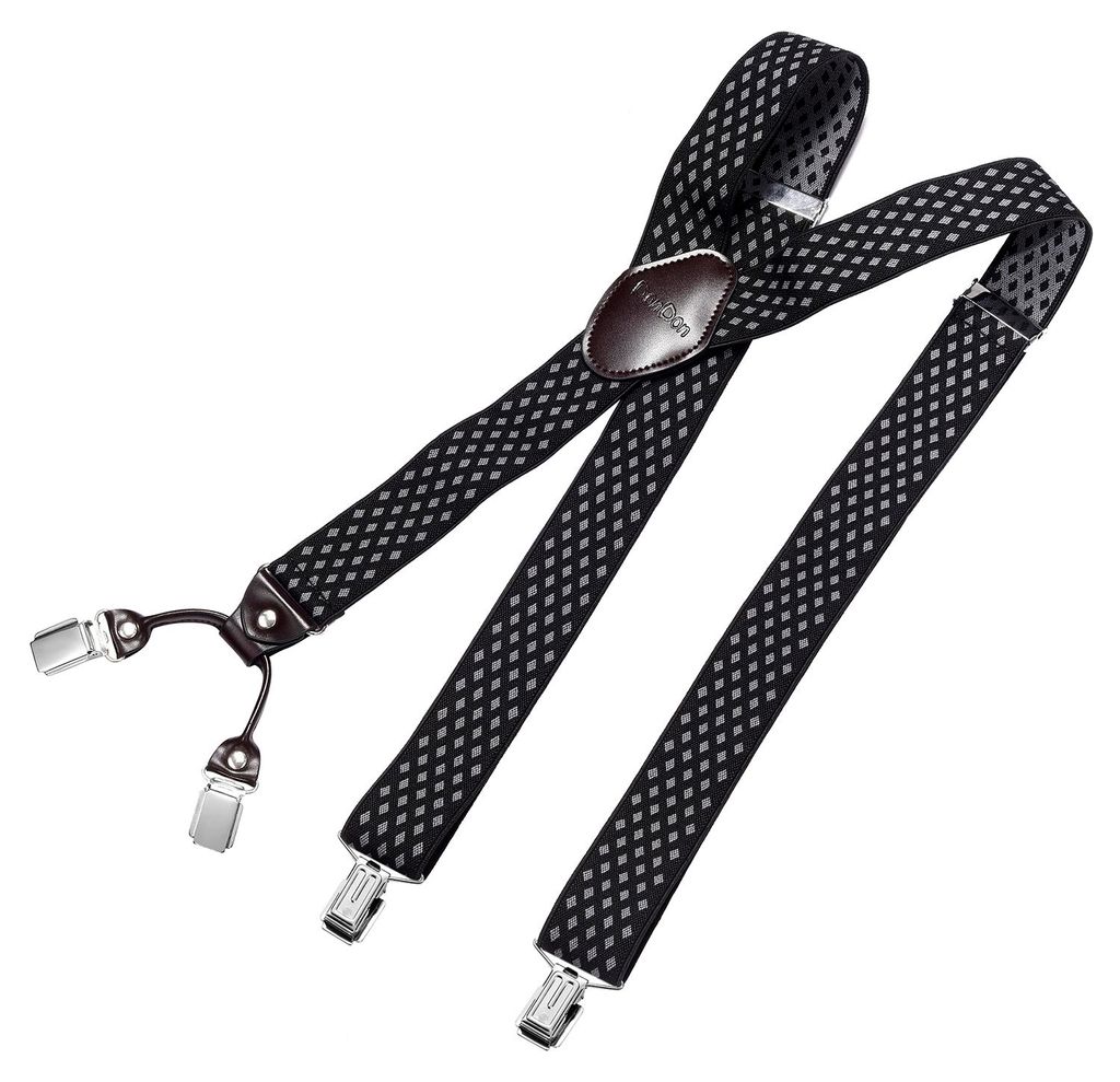 DonDon Herren Hosenträger 3,5 cm breit 4 Clips mit braunem Leder in Y-Form elastisch und längenverstellbar - Rauten schwarz grau