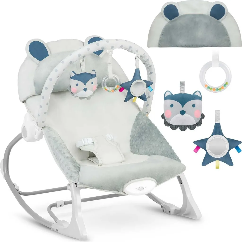 Transat bébé vibrant gris avec tissu doux et sécurité renforcée 0-9kg